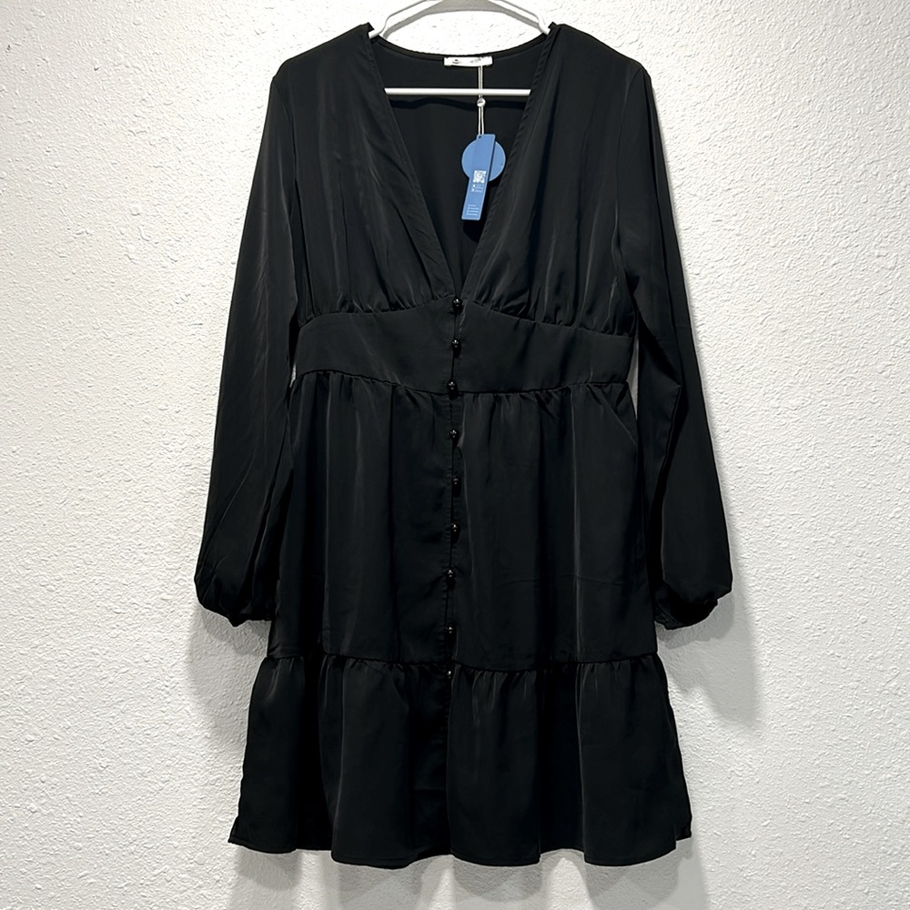 NWT Cupshe black plunge neck button loop button mini dress for women - Picture 3 of 11